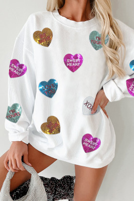 White Valentines Slogan Heart Sequin Corded Baggy Sweatshirt LC25319307-P1