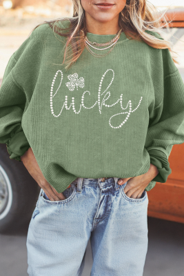 Grass Green Rhinestone lucky Clover Graphic Ribbed St Patrick Sweatshirt LC25319325-P1109