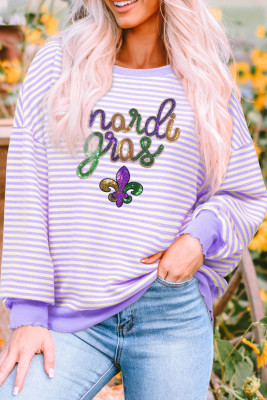 Purple Stripe mardi gras Sequin Patched Graphic Drop Shoulder Top LC25131381-P819