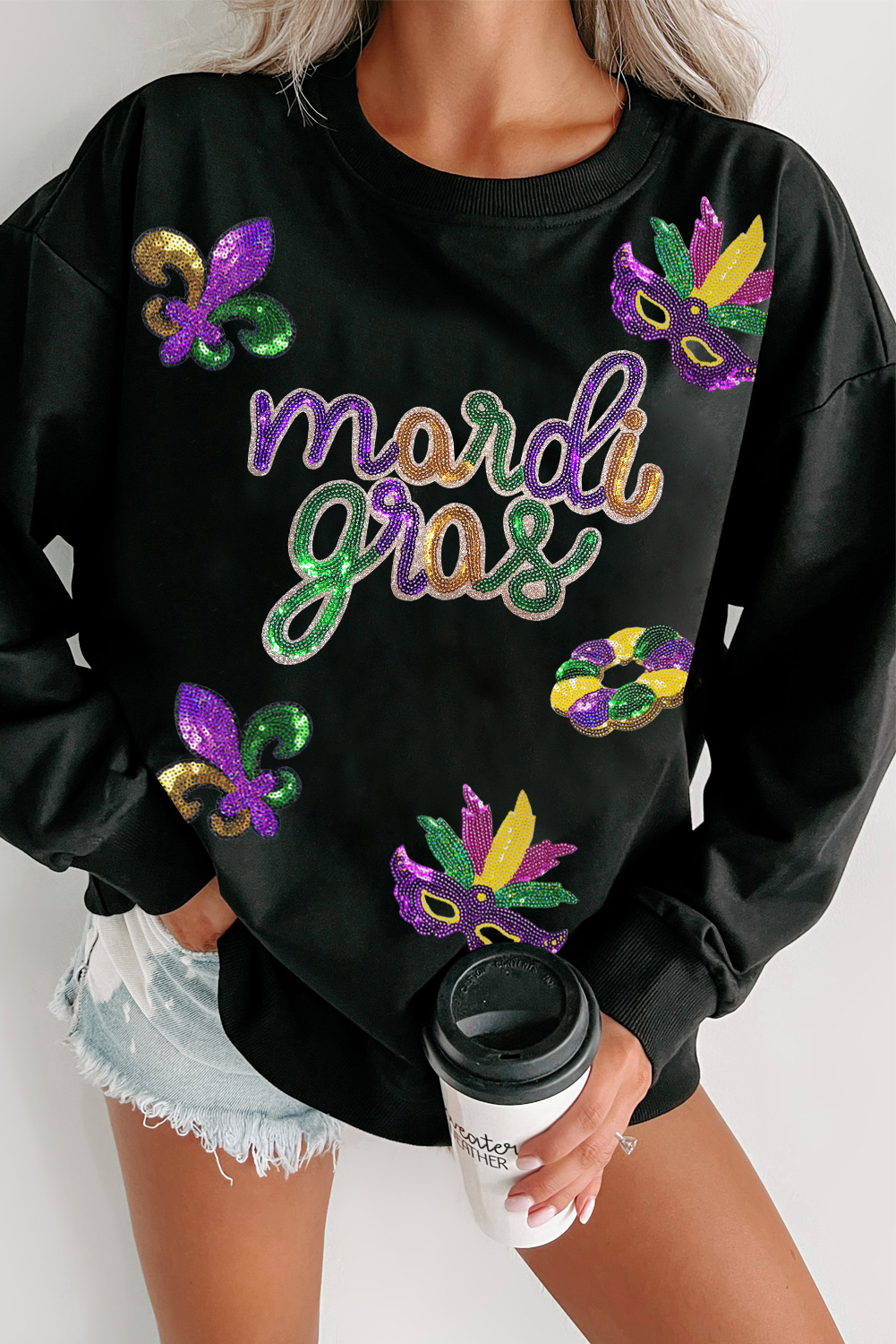 Lulu Bebe Sequin Mardi Gras Fleur de Lis Long Sleeve Shirt main image 0