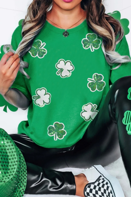 Bright Green St Patricks Sequined Clover Pattern T Shirt LC25228322-P109