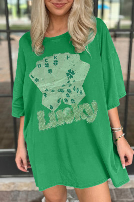 Bright Green Rhinestone Lucky Poker Cards Oversized T Shirt Mini Dress LC6123409-P109