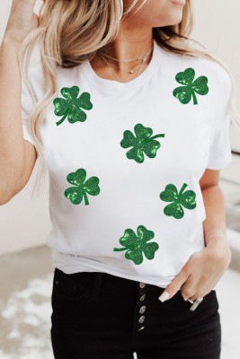 White Sequin Lucky Clover Graphic Crewneck Tee LC25228369-1