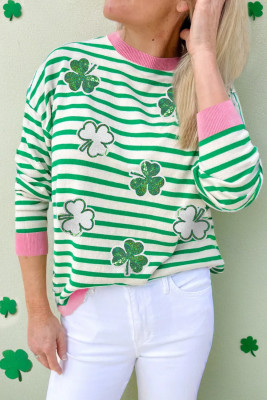Bright Green Striped Sequin Clover Graphic Colorblock Long Sleeve St Patrick Top LC25131580-P109