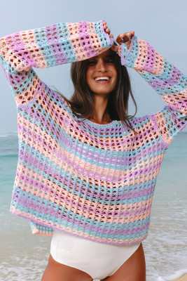 Purple Multi Stripe Open Knit Sweater Beach Cover Up LC422292-P822