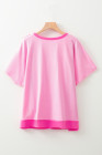 Bright Pink Colorblock Patchwork Short Sleeve Buttons Plus Size Henley Top
