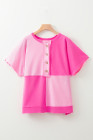 Bright Pink Colorblock Patchwork Short Sleeve Buttons Plus Size Henley Top