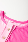 Bright Pink Colorblock Patchwork Short Sleeve Buttons Plus Size Henley Top