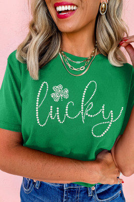 Bright Green Ceramic Rhinestone Lucky Clover Graphic Tee LC25228358-P109