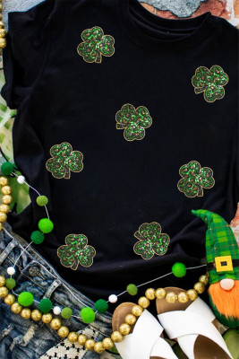 Black Sequin Leopard Clover Graphic Crewneck St Patrick Tee LC25228460-2