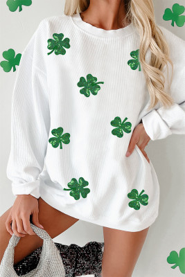White Sequin Clover Patched Drop Shoulder Corded Sweatshirt LC25319437-P1