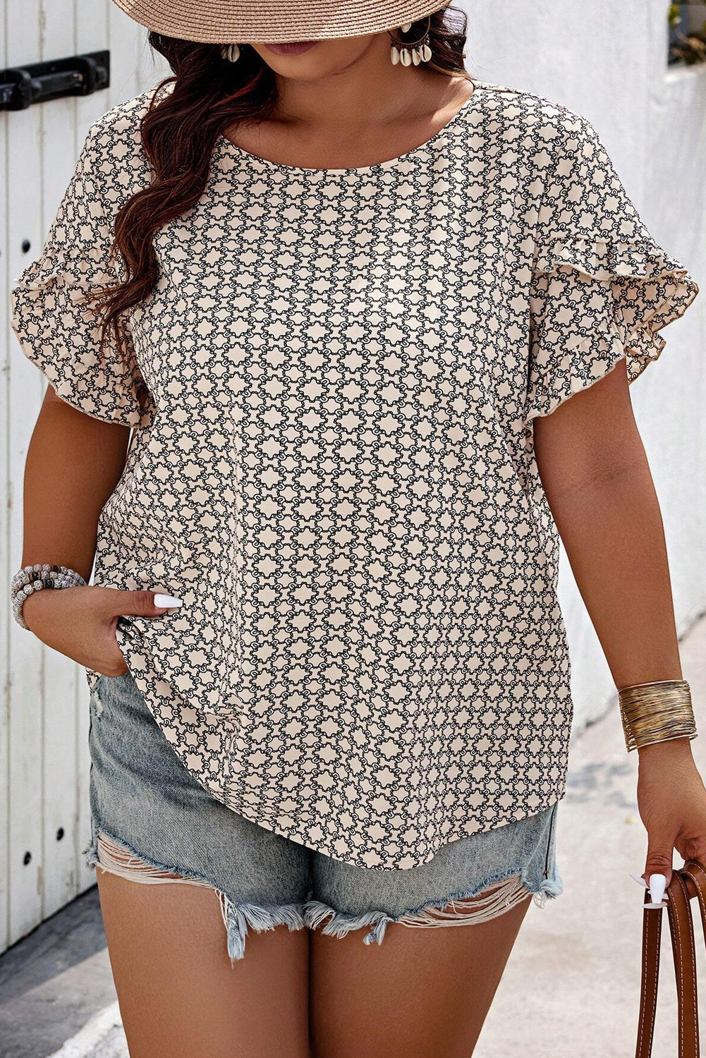 Geometric print ruffled bell sleeve woven top