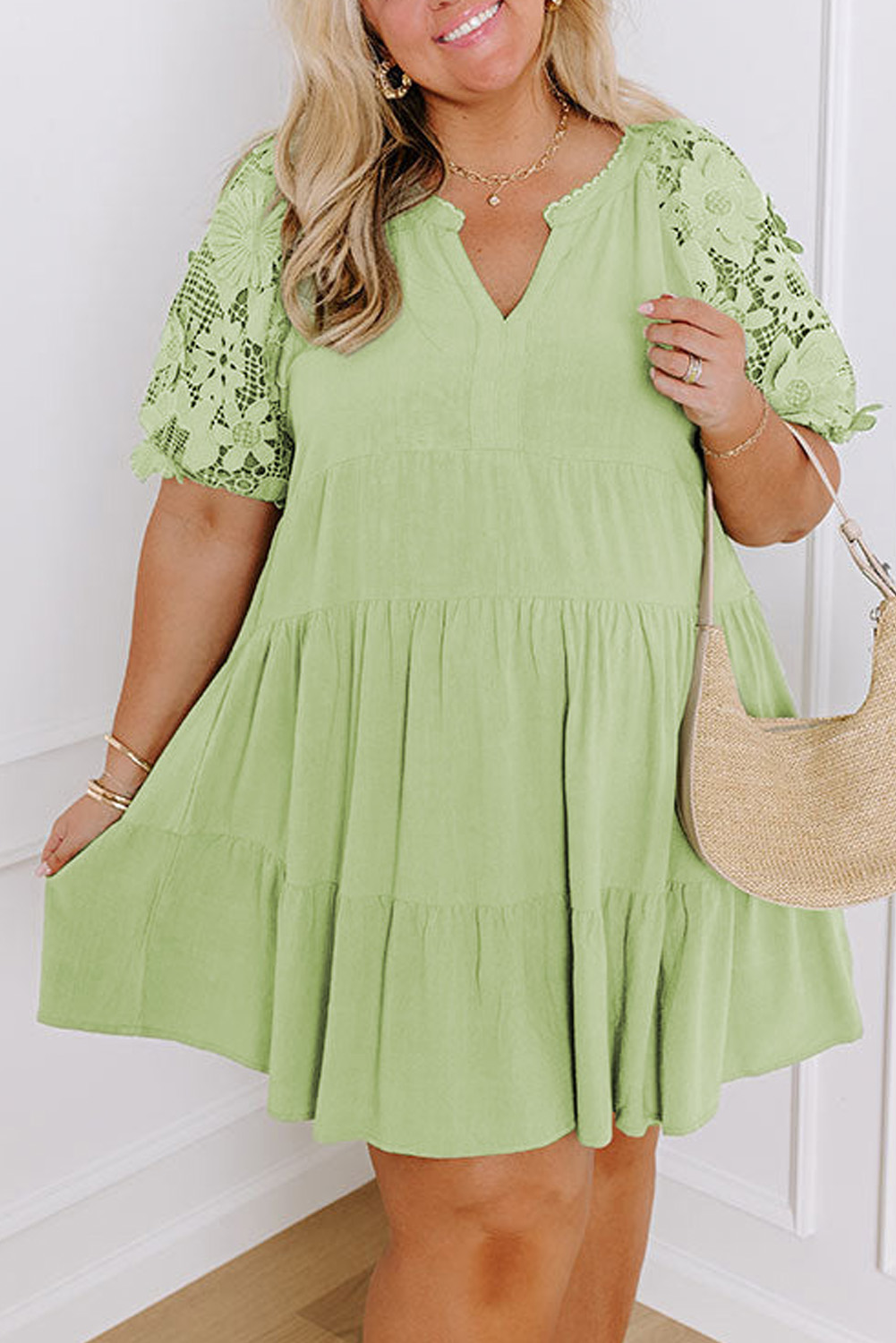 Round Neck Floral Print 3/4 Sleeve Green Plus Size Mini Dress main image 1