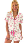 Beige Bow Fruit Print Contrast Pipping Short Pajamas Set