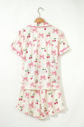 Beige Bow Fruit Print Contrast Pipping Short Pajamas Set