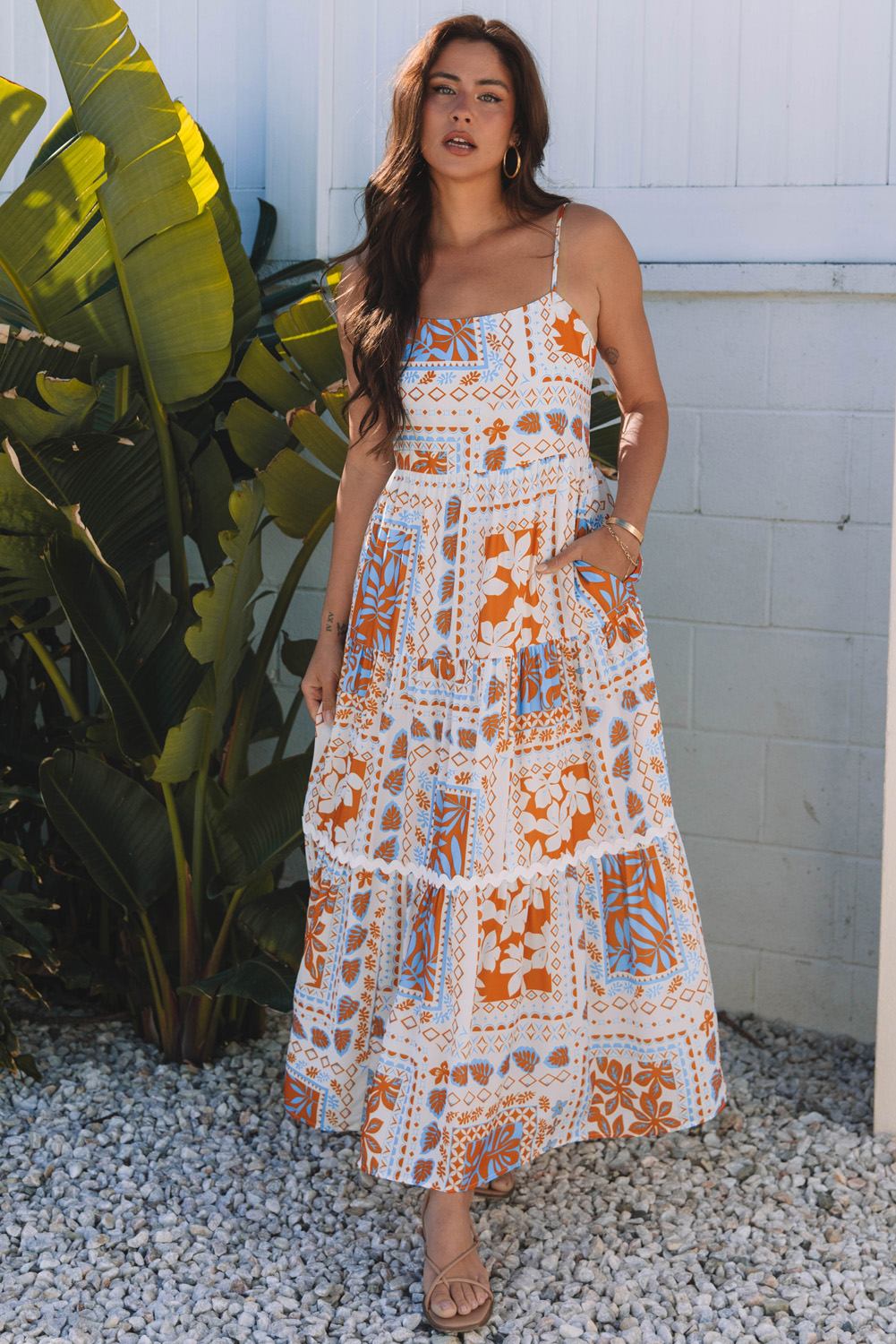 Love In Orange/Cream Spaghetti Strap Dress – Large Women’s Fashion, Viscose-Spandex Blend