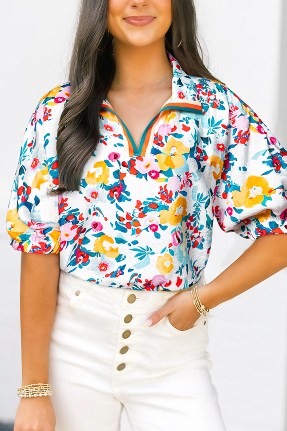 Drawstring Floral V-Neck Short Sleeve Blouse