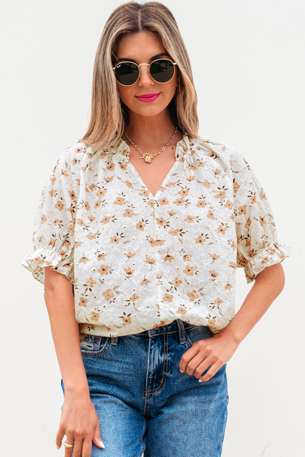 Eyelet Embroidered Notched Blouse main image 1