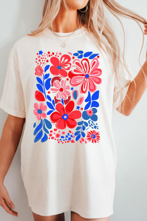 White Floral Print Half Sleeve Round Neck Oversized Tee LC25229137-P101