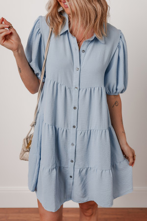 Beau Blue Shirt Collar Button Up Short Puff Sleeve Tiered Shift Dress LC6124362-P804