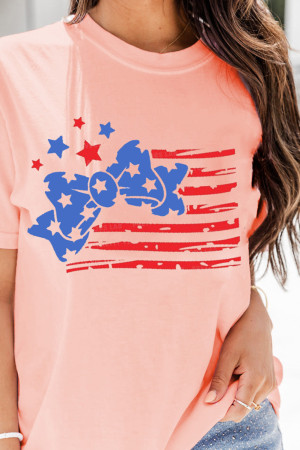 Pink Stars and Stripes Bow Knot Crew Neck T Shirt LC25229141-10