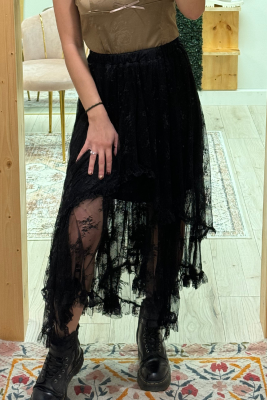 Black Lace Cascading Tiered High Waist Maxi Skirt LC721938-P2