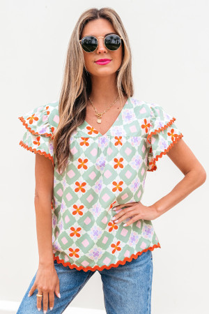 Green Geometric Floral Print Layered Flutter Sleeve V Neck Ric Rac Trim Blouse LC25131561-P920