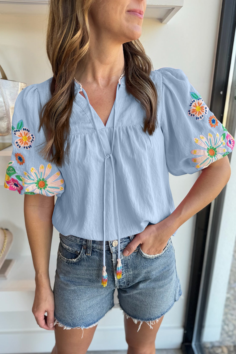 Floral Split Neck Blouse with Puff Sleeves main image 1