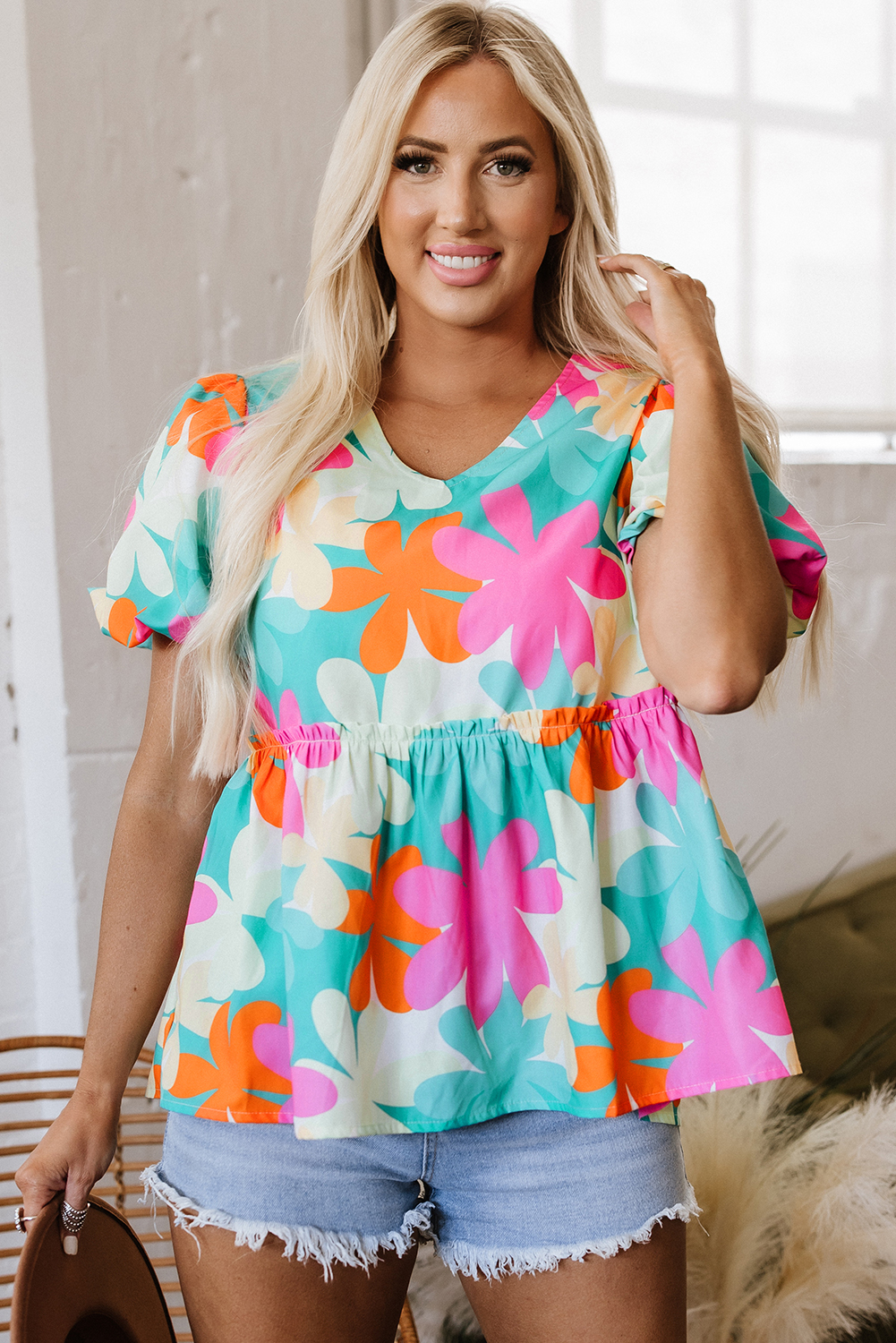 Pink Floral V Neck Roll Tab Sleeve Blouse main image 0