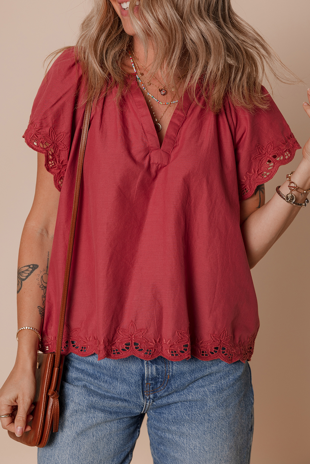 Red Cotton V Neckline Blouse With Yellow Border Elbow Sleeves