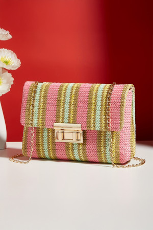 Pink Stripe Woven Flap Chain Strap Shoulder Bag BH031450-P10
