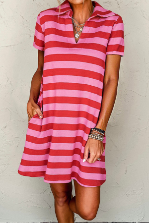 Red Stripe Textured Knit Collared V Neck Shift T Shirt Dress LC6125672-P319