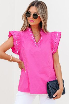 Bright Pink Contrast Scallop Trim Layered Short Sleeve V Neck Blouse LC25131765-P106