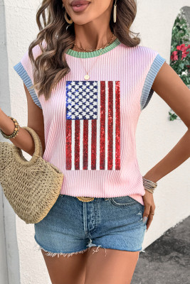 Pink Colorblock Edge Twisted Rib Texture Sequin American Flag Casual T Shirt LC25229405-P1022