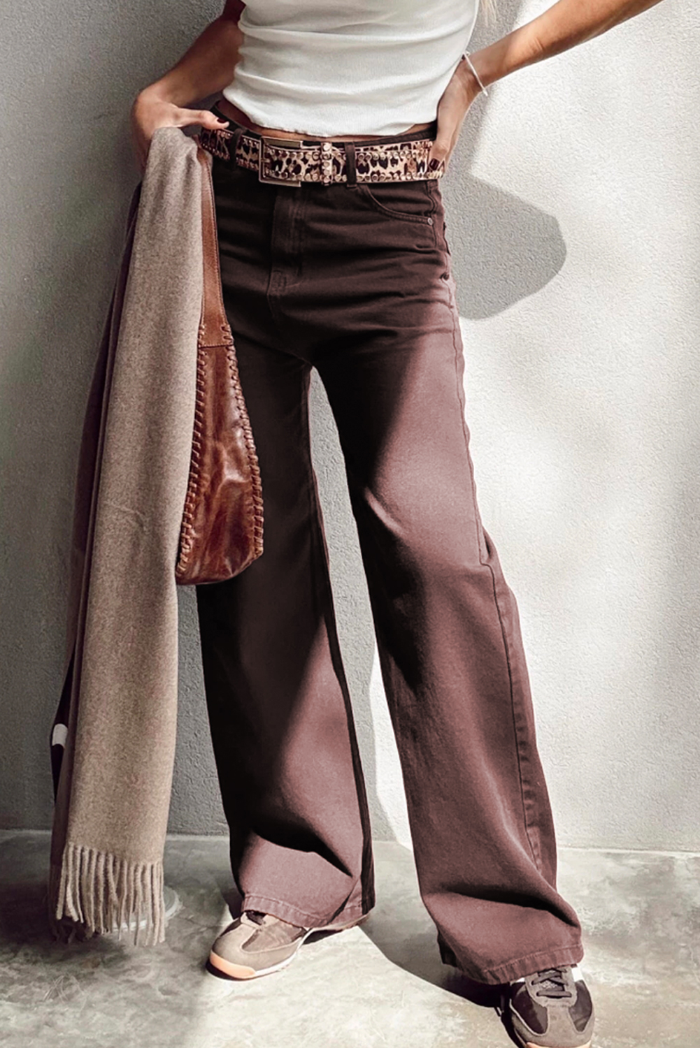 US 13.77 Dropshipping Coffee Loose Straight High Waist Solid Color