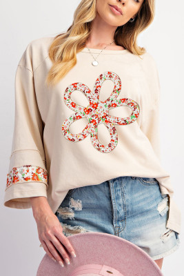 Beige Flower Patch Graphic Exposed Seam Wide Sleeve Top LC25129068-P15