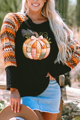 Orange Cute Pumpkin Graphic Geo Print Raglan Long Sleeve Tee LC25229730-P1422