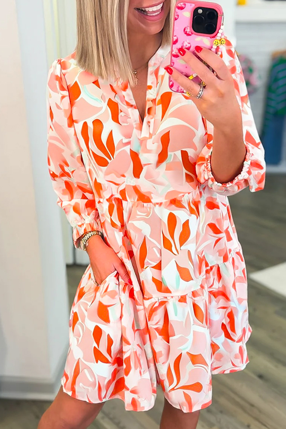 Women Orange Abstract Printed Chiffon Long Dress With Belt