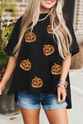 Black Sequin Jack-o-lantern Pattern Halloween Casual Tee LC25229759-P2