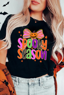 Black SPOOKY SEASON Halloween Pumpkin Bow Print T Shirt LC25229773-2