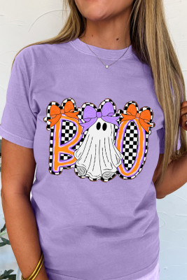 Wisteria Boo Checkered Bow Ghost Halloween Graphic Tee LC25229798-P208