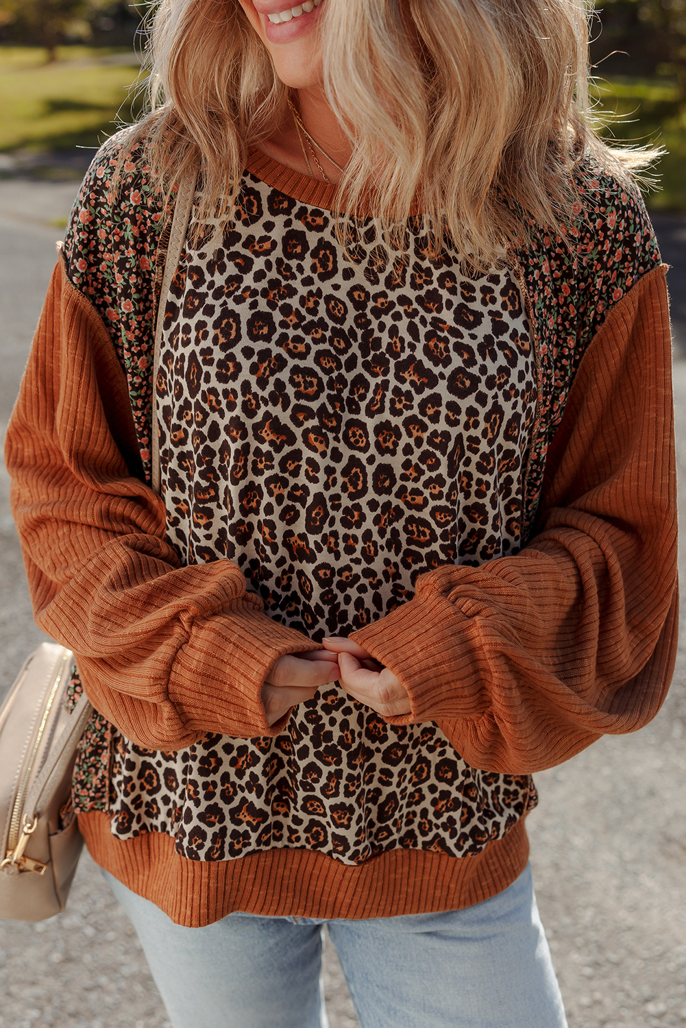 Leopard Floral Print Panelled Ruffle-sleeve Top main image 1