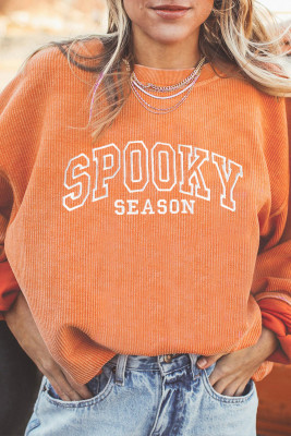 Orange SPOOKY SEASON Embroidered Letter Graphic Twisted Ribbed Sweatshirt LC25320298-2014