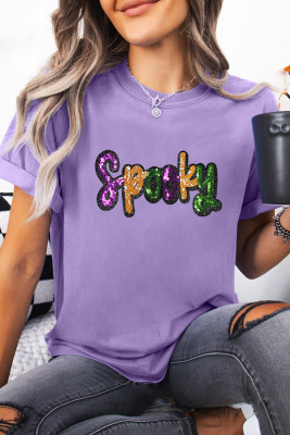 Wisteria Spooky Sequin Letter Patched Cotton Blend T Shirt LC25229838-P208