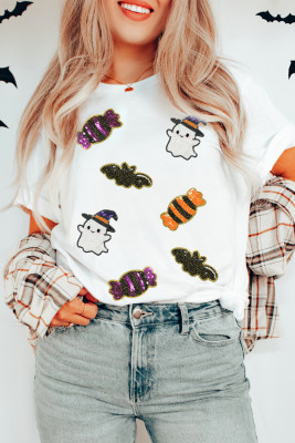 White Sequined Halloween Spirit Pattern Patched Custom Casual Tee LC25229840-1