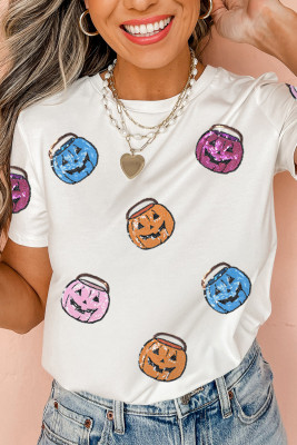 White Sequin Pumpkin Face Patched Crew Neck Holiday T Shirt LC25229843-1