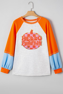 Light Grey HELLO PUMPKIN Patched Graphic Colorblock Bubble Sleeve Raglan Top LC25134194-P1011