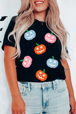 Black Chenille Pumpkin Patched Playful Halloween T Shirt LC25229844-2