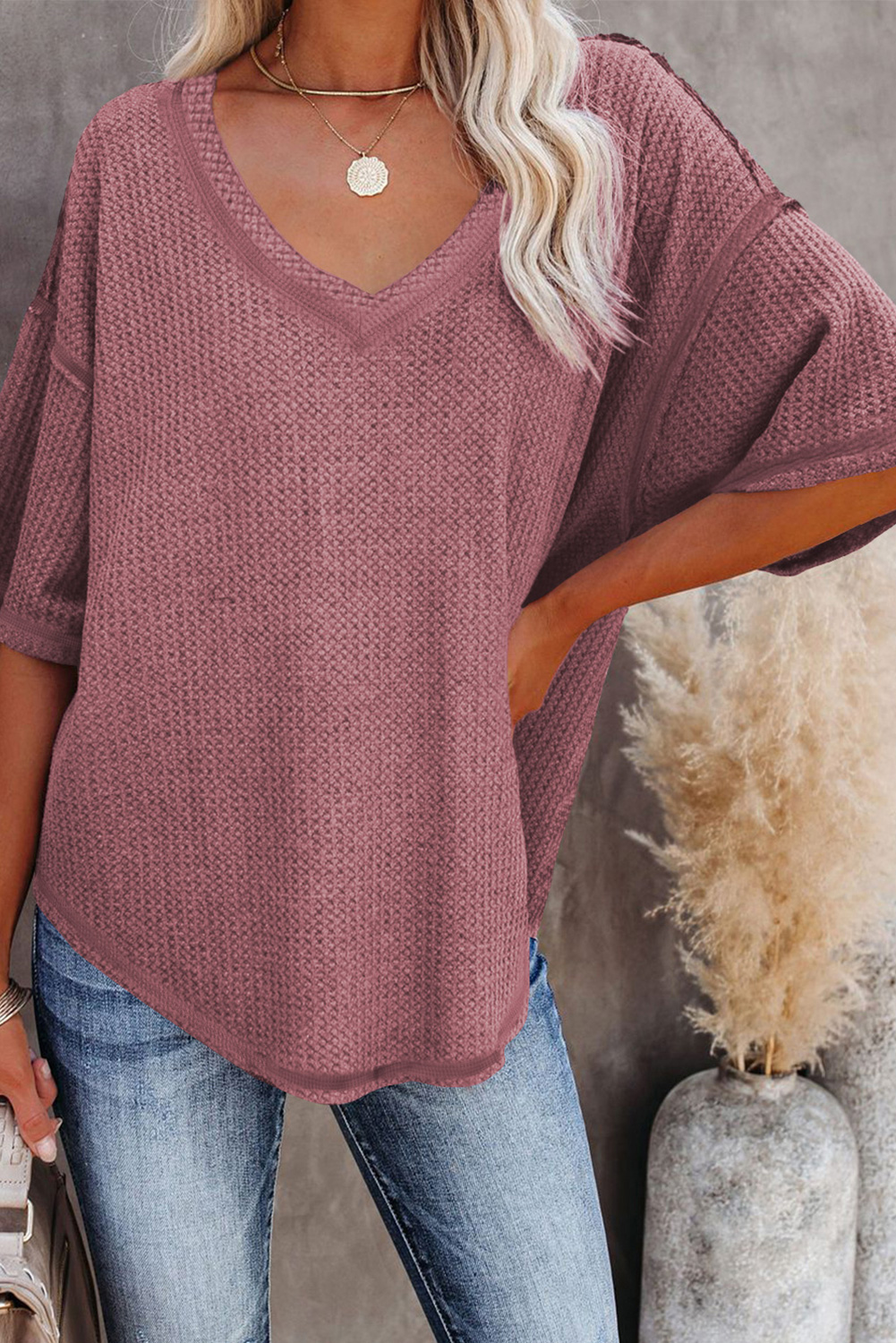 Exposed Seam Side Slit Round Neck Top main image 1