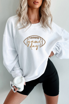 White Rugby Game Day Embroidered Corduroy Sweatshirt LC25319896-P1